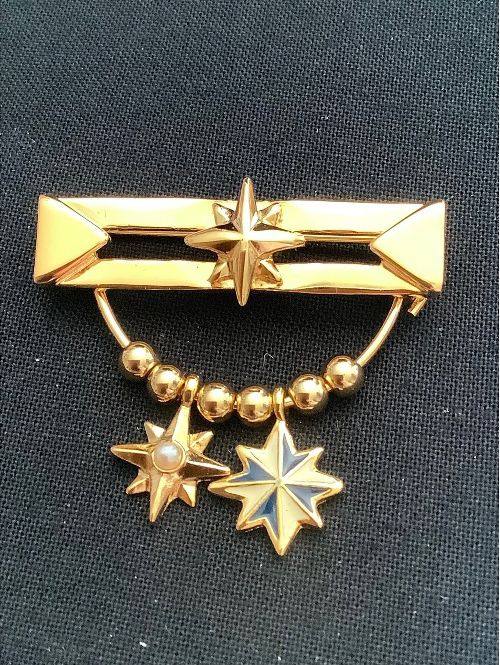 Vintage Avon Celestial Star Brooch Pin Gold Tone Enamel Faux Pearl Dangles Box